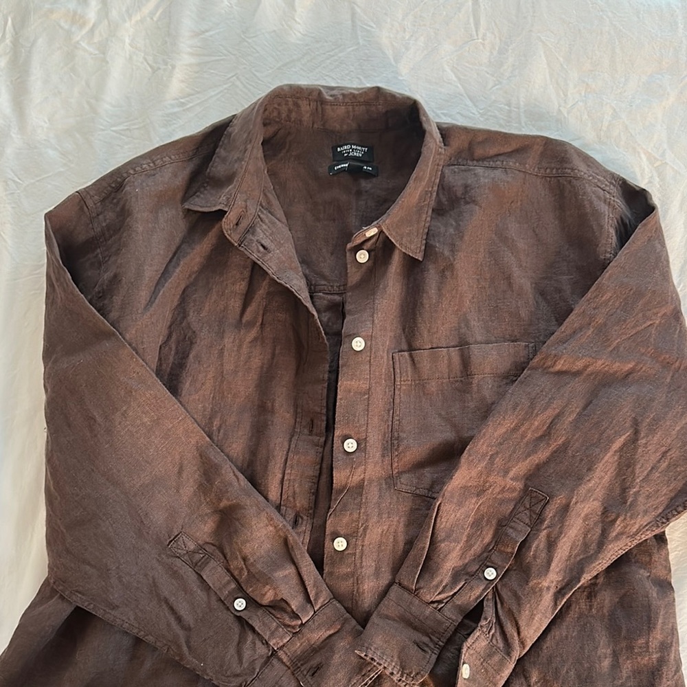 J. Crew Brown Linen Long-Sleeve Button-Down Shirt small